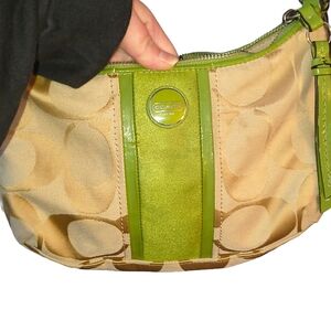 Coach Beige and Lime Green Striped Y2k Crossbody Bag